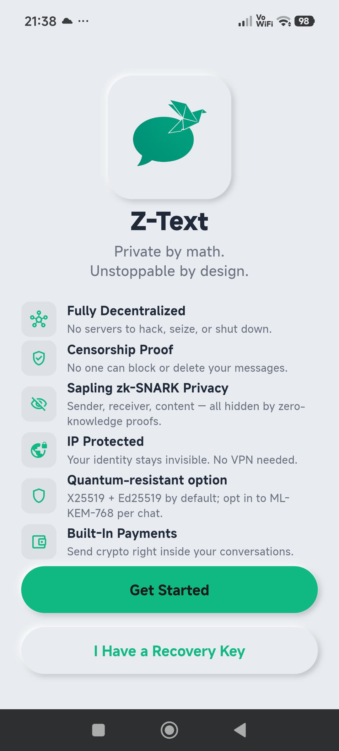 Z-TEXT welcome screen showing private messaging, secure wallet and encrypted vault features.